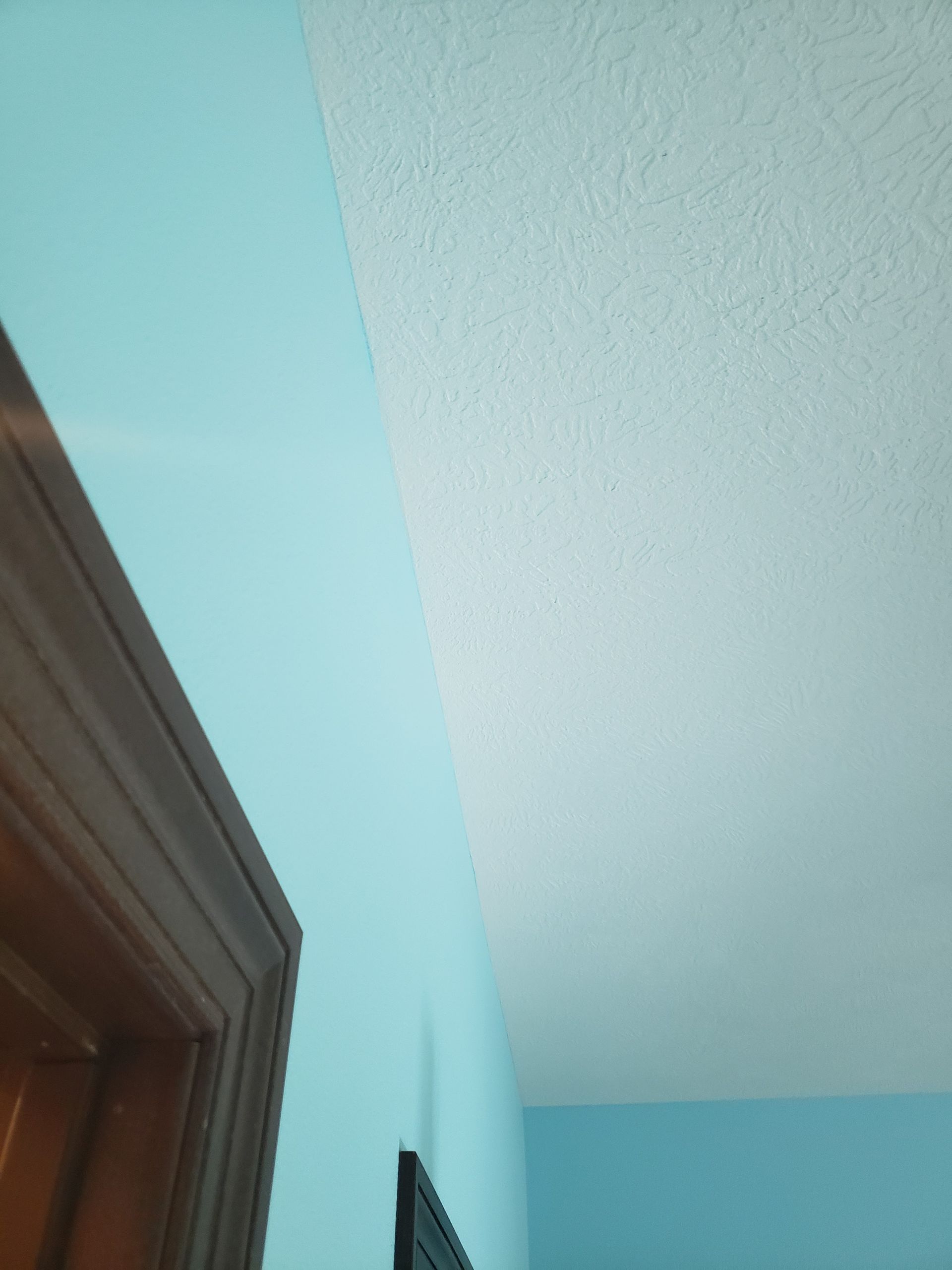 A room with blue walls and a white ceiling.