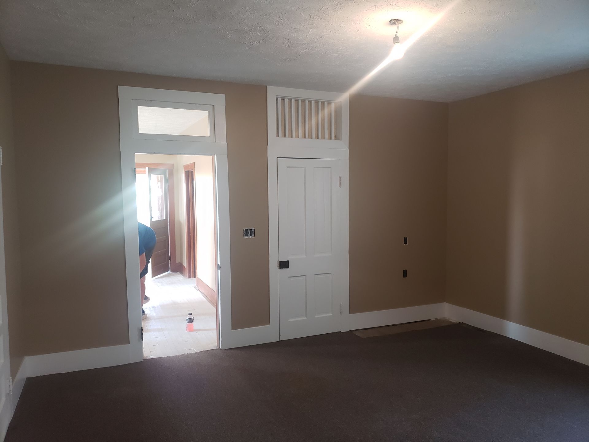 An empty room with brown walls and a white door
