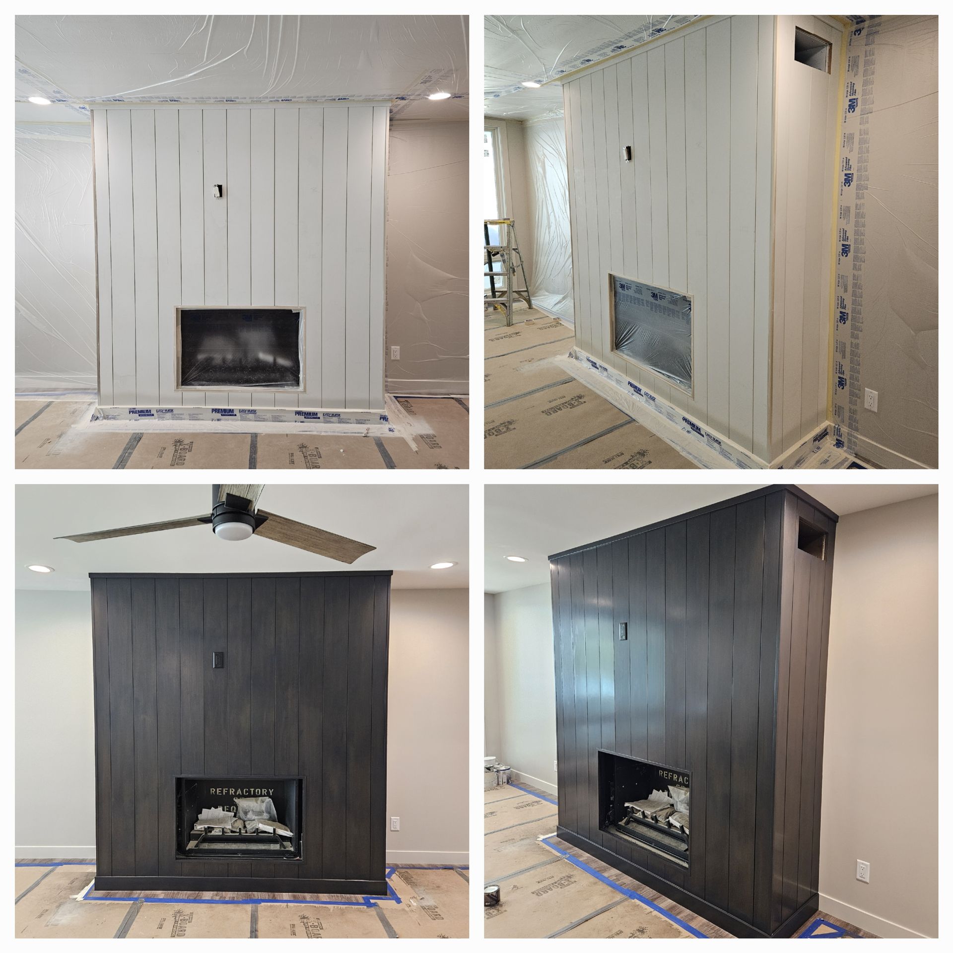 A collage of four pictures of a fireplace being remodeled.