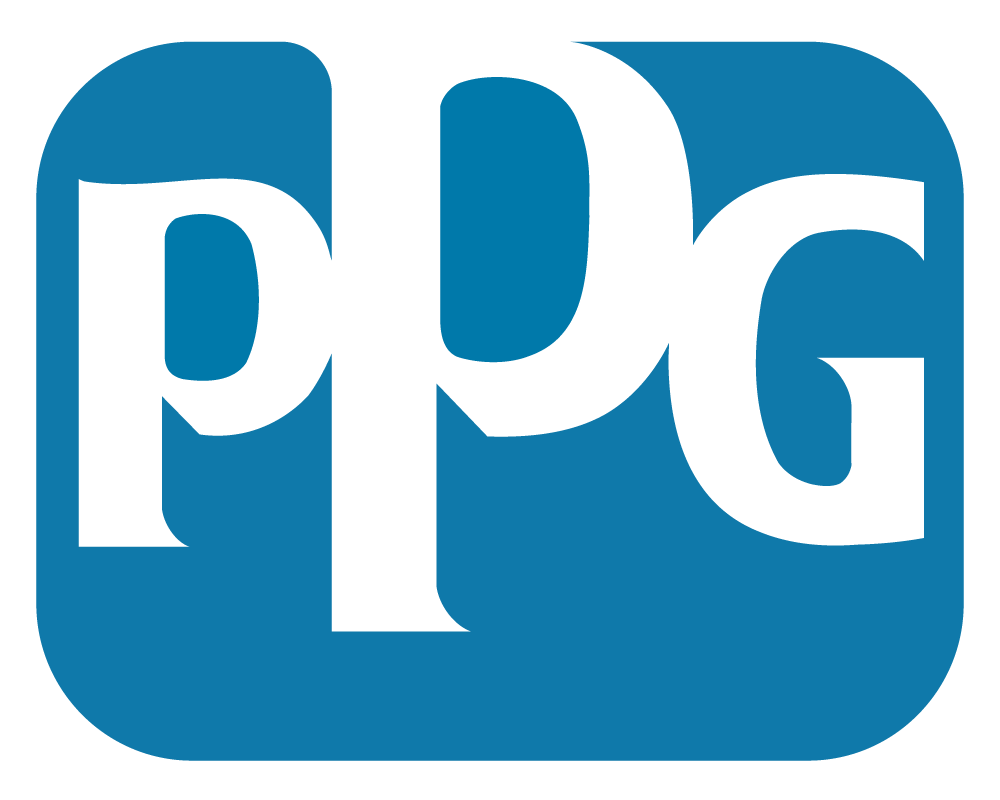 A blue and white ppg logo on a white background
