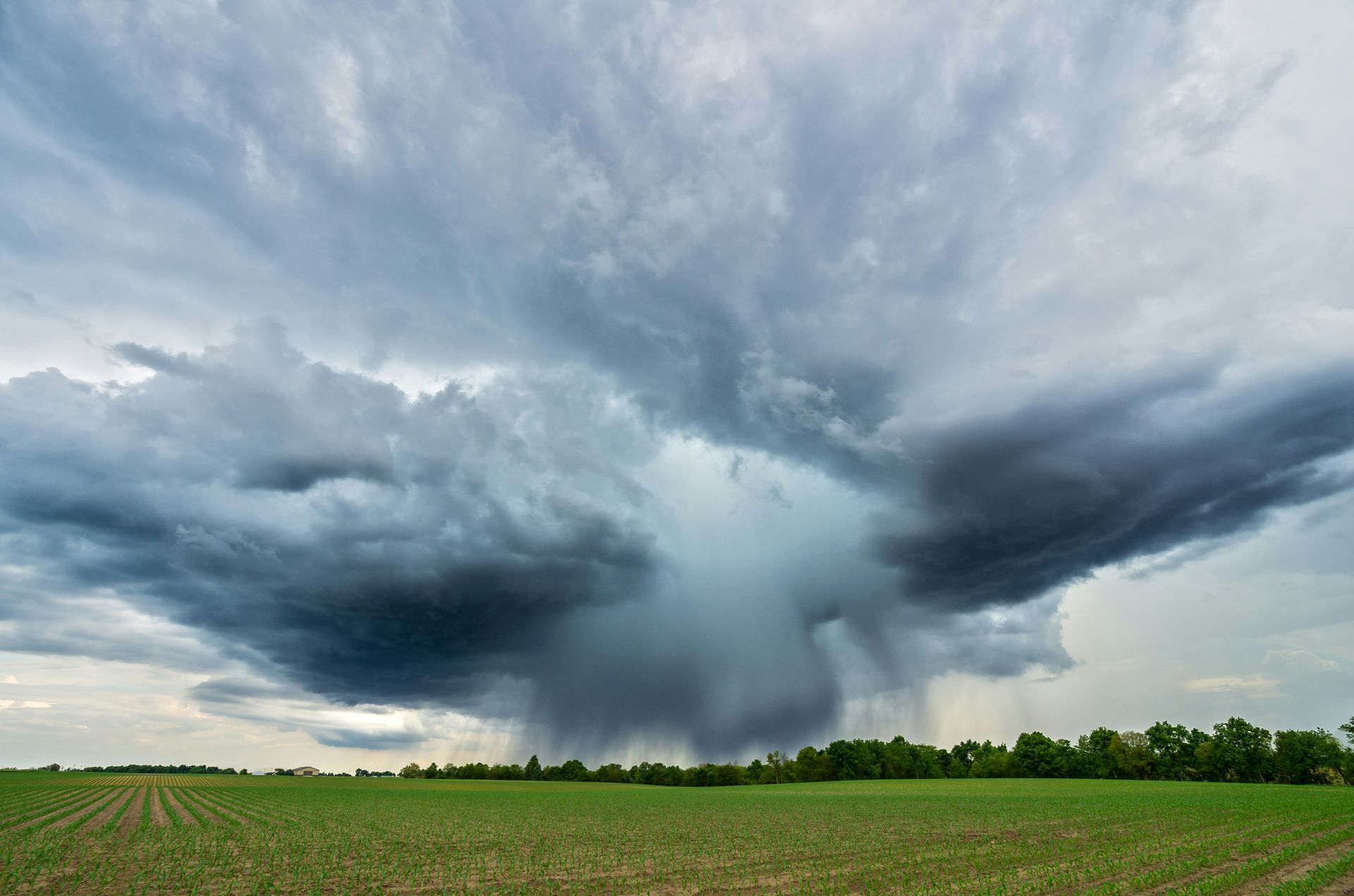 A large storm cloud is moving over a green field.