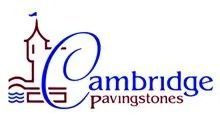 Cambridge Pavingstones logo with blue lettering and a stylized red tower and waves