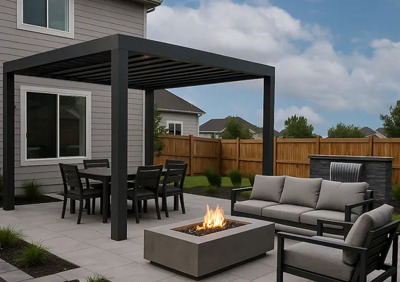 Modern backyard patio with pergola, outdoor dining set, sectional sofa, and fire pit under a cloudy sky