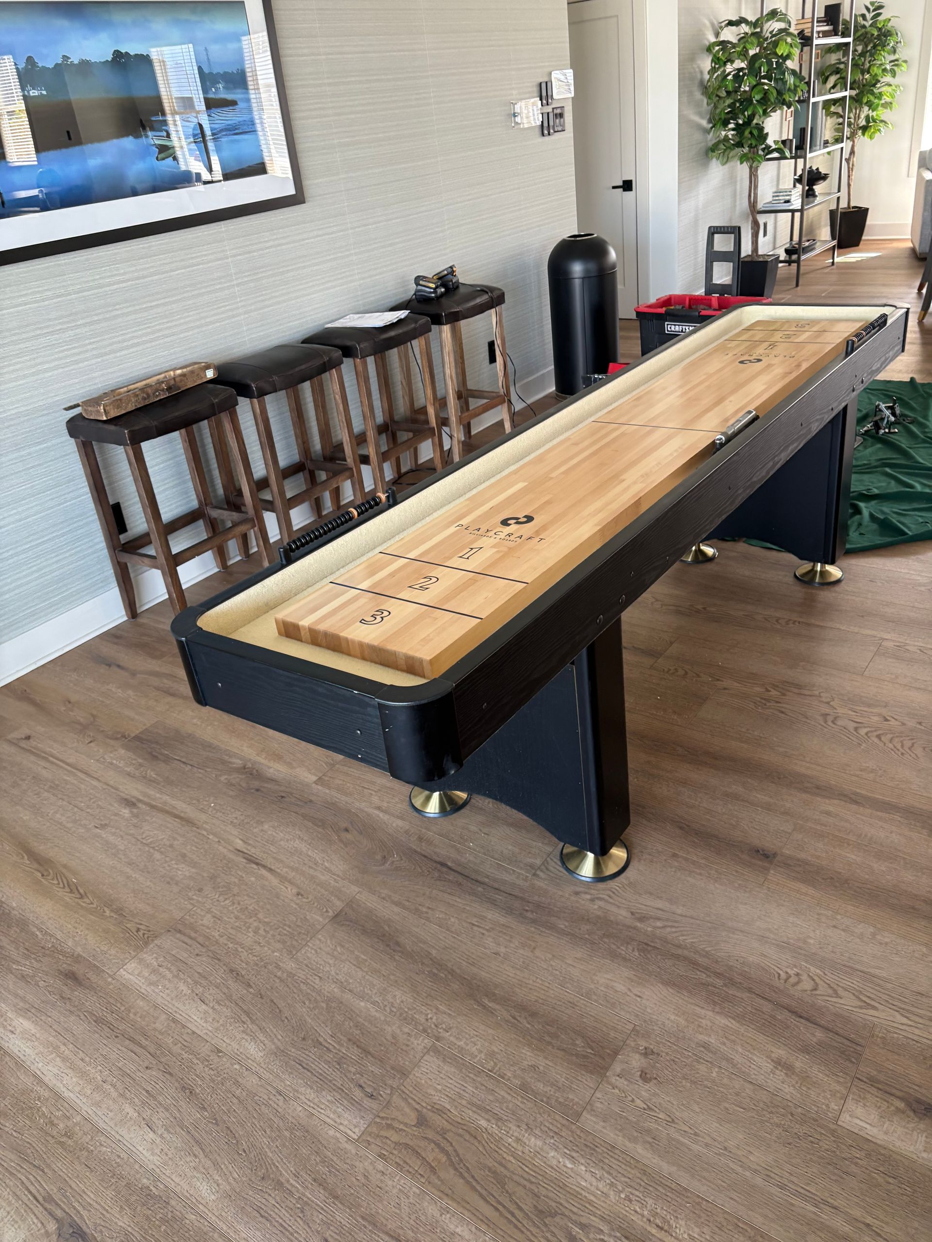 Shuffleboard table in a modern lounge with wood floors, stools, and potted plants in the background