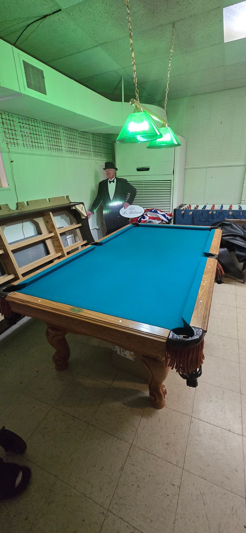 Green-lit billiards room with a blue pool table, wall shelves, and a person standing at the back.