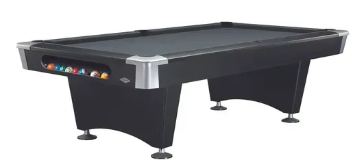 Black pool table with metal corner caps and six pockets on a white background