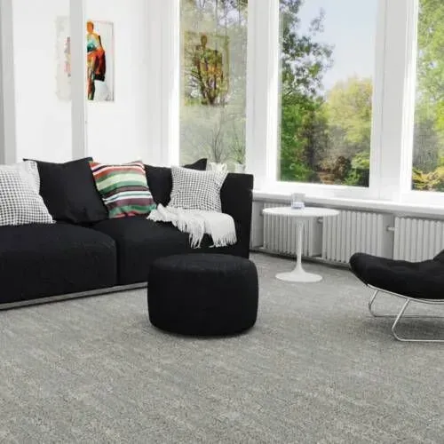 Modern living room with black sofa, ottoman, chair, large window, and light grey carpet.