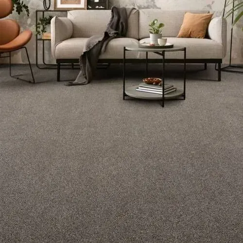 Living room with neutral carpet, sofa, small table, and decor.