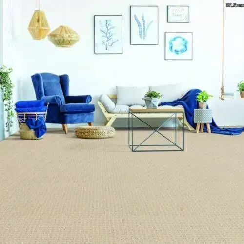 Cozy living room with beige carpet, blue armchair, light wooden couch, and wall art.