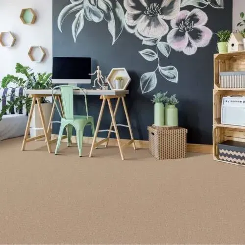 A home office with tan carpet, a desk, green chair, chalkboard wall with floral design, and wooden shelves.