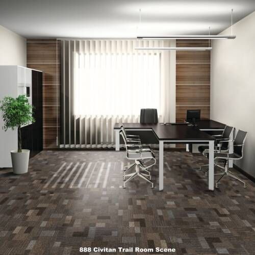 Modern office with dark wood accents, large window, and tiled floor; several chairs and a large desk.