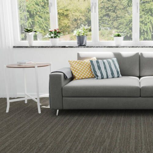 Gray carpet in a living room with gray couch, small table, and window with plants.