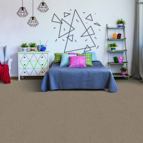 Bedroom with bed, dresser, shelving, and wall art, all in a modern style. Neutral color palette.