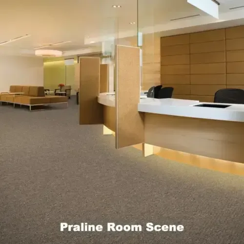 Reception area with a light brown desk, carpet, and wood paneling.