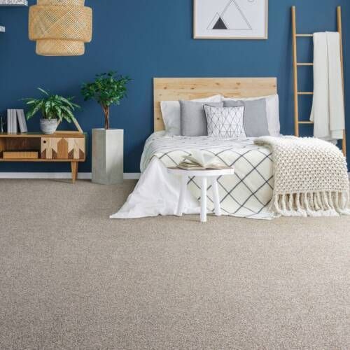 Bedroom with a bed, blue wall, beige carpet, small table, plants, and decorative ladder.