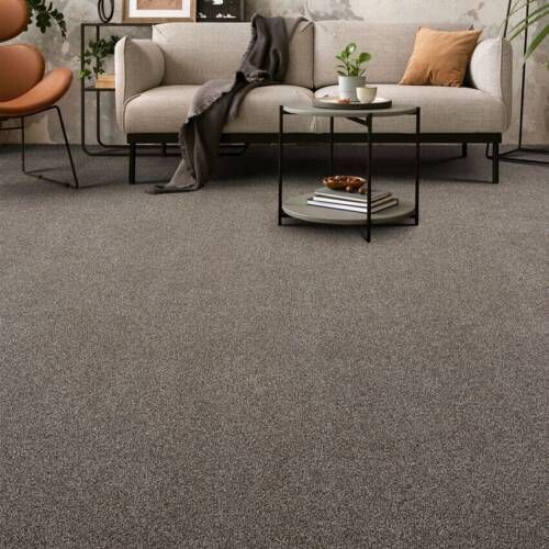 Living room with neutral carpet, sofa, small table, and decor.