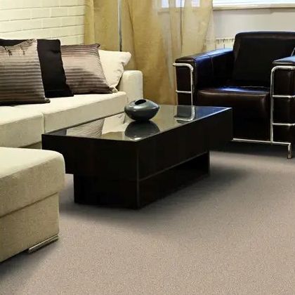 Living room with light beige carpet, white sofa, leather armchair, and black coffee table.