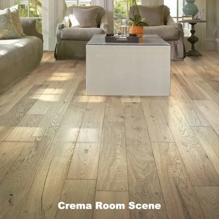 Light-toned hardwood floor in a living room scene with furniture, natural light, and the text 