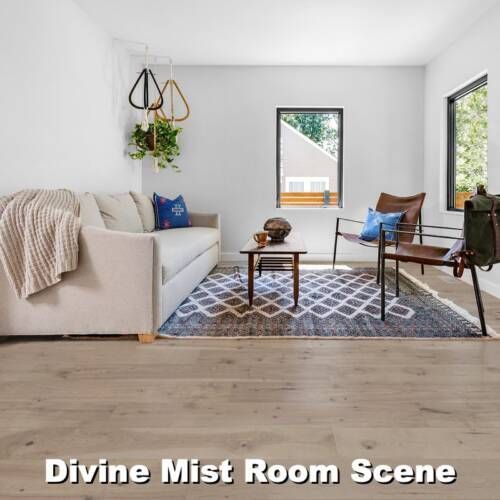 Living room with cream-colored sofa, patterned rug, wooden floors, brown chair, and hanging plant.