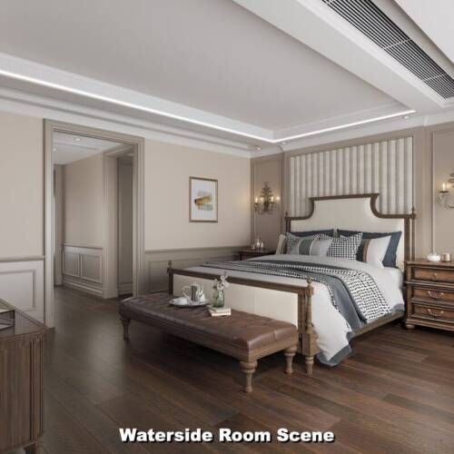 Elegant bedroom interior with a large bed, bench, and wooden furniture.