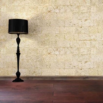 Black floor lamp with shade against a light-colored brick wall and a dark wood floor.