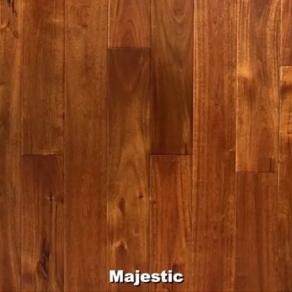 Majestic wood flooring with vertical grain and a reddish-brown stain.