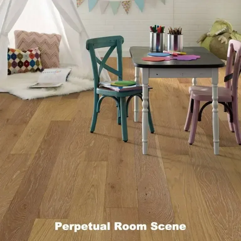 Child's playroom: wood floor, small table with art supplies, colorful chairs, teepee, rug, and stuffed dinosaur.