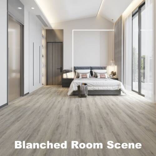 Modern bedroom with light wood floors, a bed, and large windows.