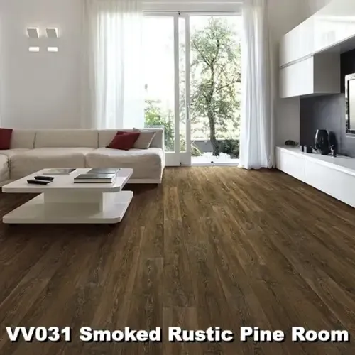 Living room with smoked rustic pine flooring, white sofa, and large window.