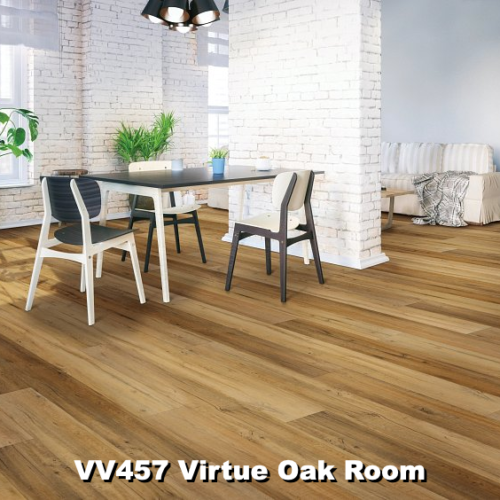 Room with wood-look flooring, dining table with chairs, and a white brick wall.