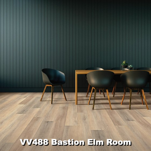 Dining room with wood-look floor, teal paneled wall, and a wood table with black chairs.