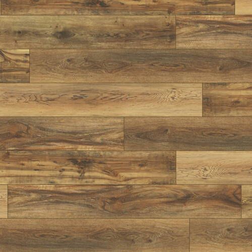 Brown wood-look flooring with varying shades and wood grain patterns.