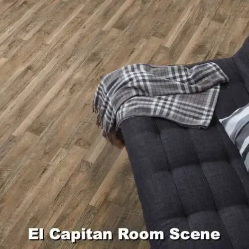 Wooden floor with a gray couch and a plaid blanket.