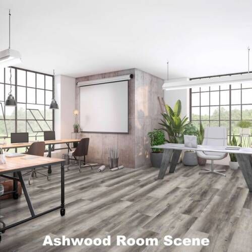 Office interior with wood floors, large windows, and desks.  Includes plants, a projector screen, and overhead lights.