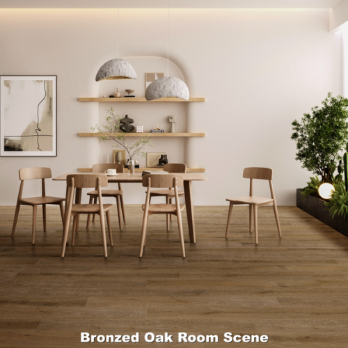Dining room with wooden table and chairs, shelves, artwork, and plants on a brown oak floor.