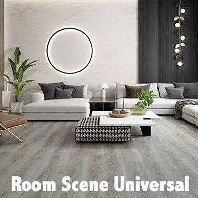 Modern living room with a gray floor, white sofas, a circular light, and a patterned ottoman.