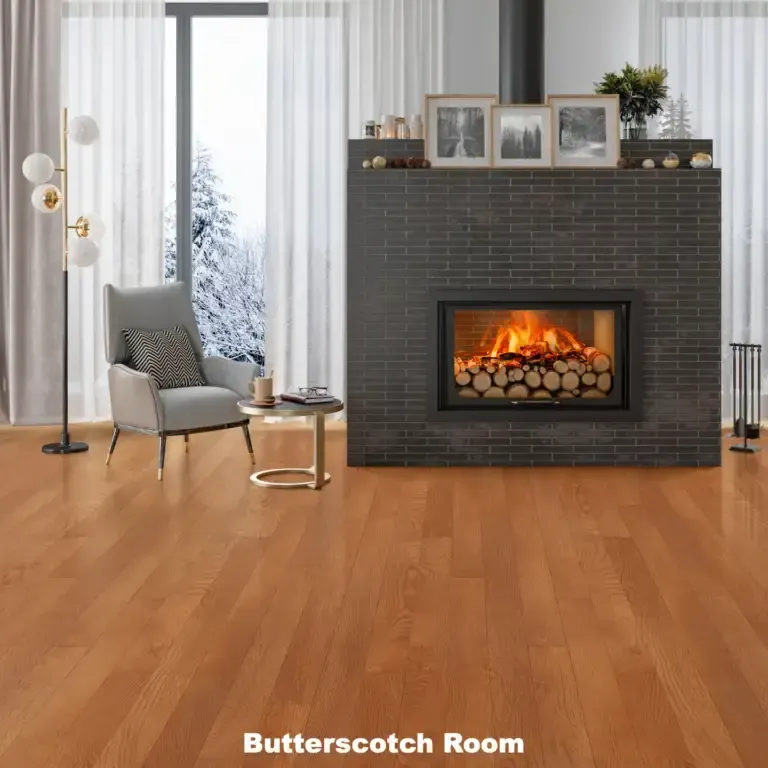Room with hardwood floors, fireplace, armchair, window, and decorative lighting; “Butterscotch Room” label.