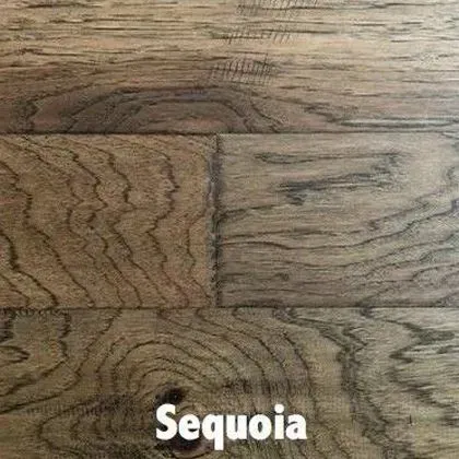 Close-up of hardwood flooring in a Sequoia color, showing wood grain patterns.