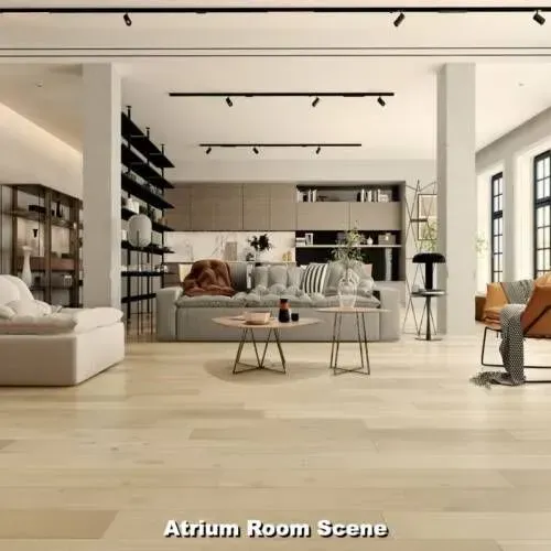 Modern living room with light wood floors, gray sofa, black bookshelves, and track lighting.