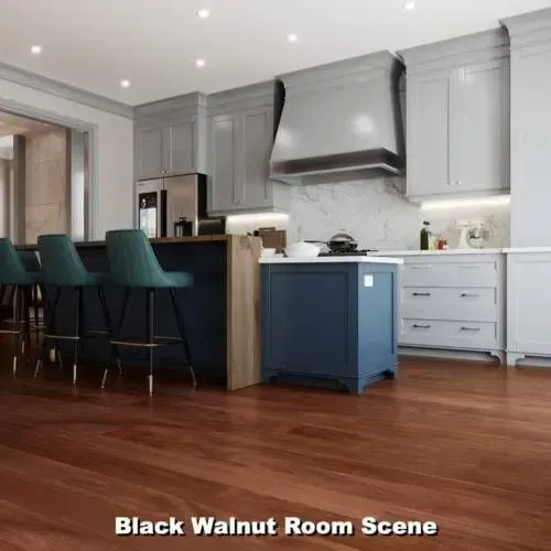 Kitchen with blue cabinets, stainless steel range hood, dark wood floor, and teal bar stools.