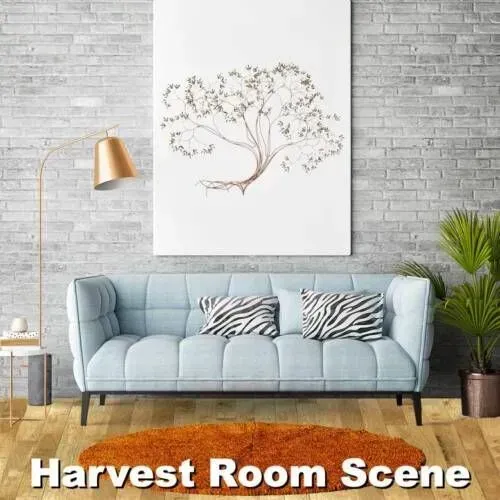 Living room with blue sofa, orange rug, and brick wall with a tree painting.