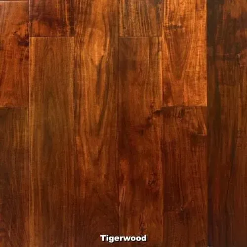 Tigerwood hardwood flooring with dark brown and amber tones.