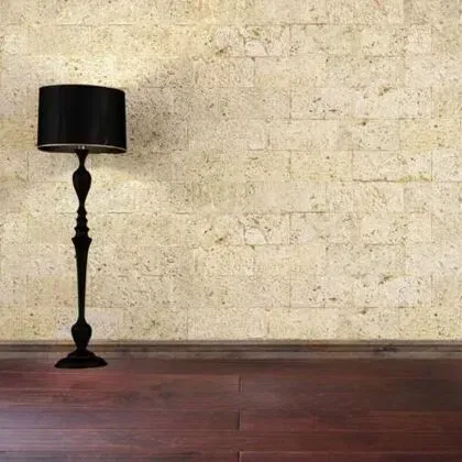 Black floor lamp with shade against a light-colored brick wall and a dark wood floor.
