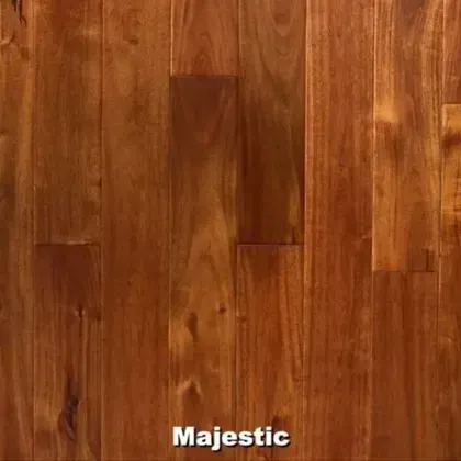 Majestic wood flooring with vertical grain and a reddish-brown stain.