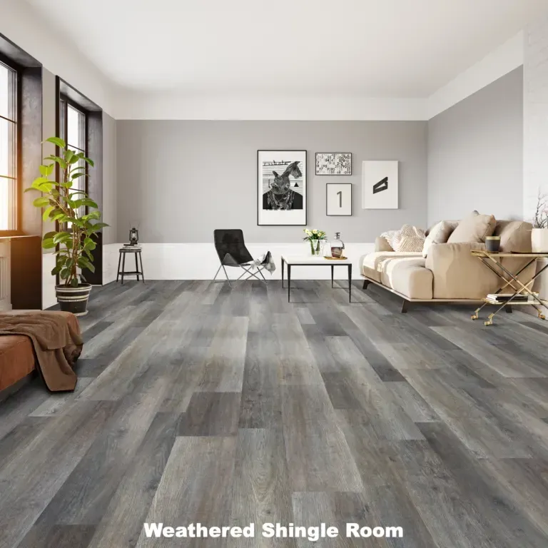 Living room with weathered gray wood-look flooring, light gray walls, and beige furniture.