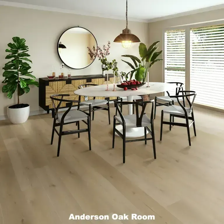 Dining room with oval table and chairs, buffet, mirror, and hardwood floor.