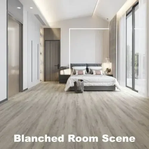 Modern bedroom with light wood floors, a bed, and large windows.