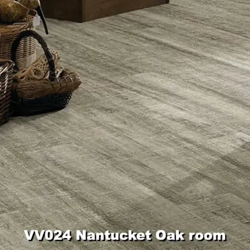 Gray wood-look flooring with a wicker basket in the corner.