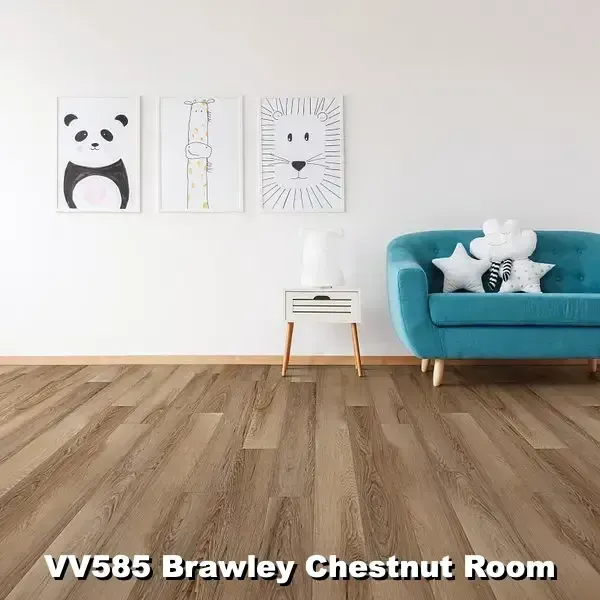 Room with light brown wood-look flooring, white walls, teal couch, and animal art.