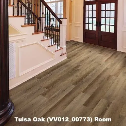 Interior room with Tulsa Oak flooring, staircase, and double doors.